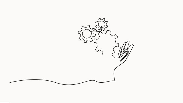Animated self drawing of continuous line draw of hand holding gears, business concept, tech development, engineering, technology. Full-length one-line animation on white background.