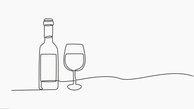 bottle of wine with wineglass continuous one line drawing animation, Self-drawing animation, Bottle of champagne, sparkling wine and glass celebrating motion graphic video.