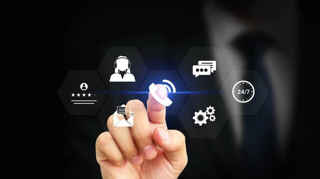 Digital Customer Service, Technical Support Concept. Businessman Touching Helpdesk Icon on Virtual Screen. Live Chat Assistance, IT Help Center, Voice Assistant, 24/7 Help, Online Client Services. 4K 