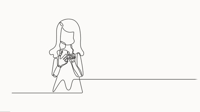 Self drawing line animation woman chatting on the phone continuous one-line drawing, Animation video of a cell phone sending a message in a continuous line style vector on white background.