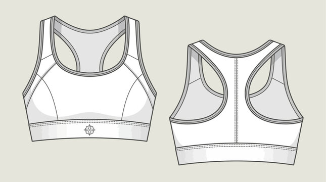 White racerback sports bra vector technical flat sketch for activewear apparel design and fashion production template new (1150)