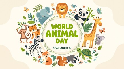 Fototapeta premium World Animal Day illustration featuring cute wild animals including lion, elephant, panda, giraffe, zebra, tiger, monkey, fox, koala, turtle, squirrel and badger celebrating October 4, promoting wild