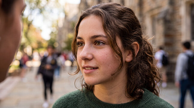 Extreme close-up of a young amirican student looking attentively at a classmate on campus, assignment, classmates, learning, academic, research, collaboration, student life