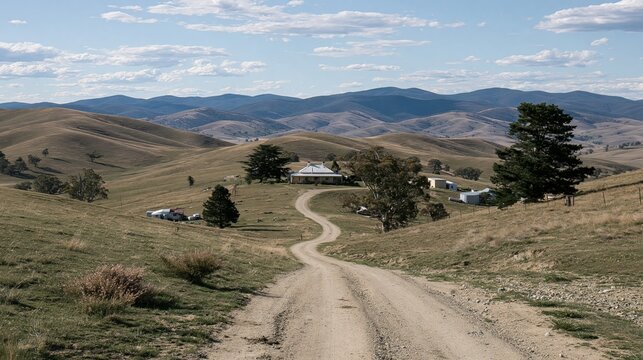 A winding dirt road leads through rolling hills towards a rural homestead.