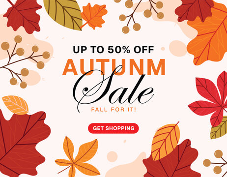 Autumn sale banner template design. Autumn sale promotion text with colorful fall leaves, red berries, and acorns for advertising, banner, promotion, flyers, cards, social media. Vector illustration.
