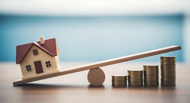 House model balanced on a wooden seesaw against rising stacks of gold coins, symbolizing investment
