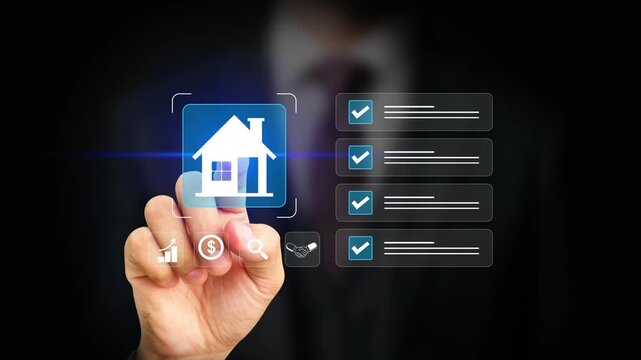 Property Valuation and Real Estate Management Concept. Businessman Selecting House for Investment on Virtual Screen. Property Inspection Process, Real Estate Listing, Strategic Property Investment. 4K