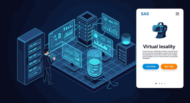Futuristic Data Center with Virtual Reality Interface.