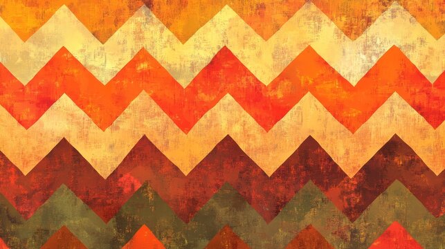 Abstract grunge chevron pattern featuring vibrant warm autumnal colors and textured geometric zigzag shapes for graphic design