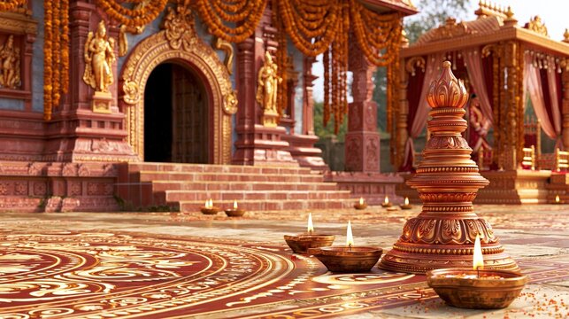 Ornate structure decorated with floral garlands and illuminated by oil lamps.