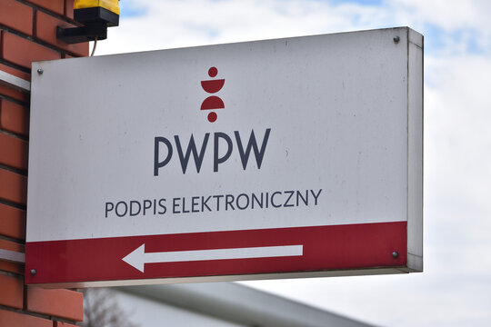 PWPW Polish Security Printing Works, company logo, emblem, signage closeup view. WARSAW, POLAND - JUNE 18, 2026