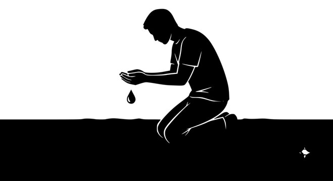 Person kneeling collecting water drop on dry cracked earth ground