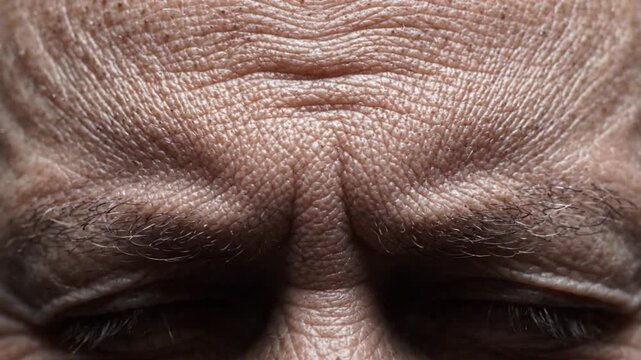 Macro of forehead wrinkles and furrowed brow expression