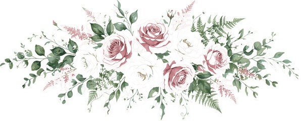 Watercolor floral bouquet illustration with dusty pink roses and green eucalyptus leaves isolated on a plain white background © Leon