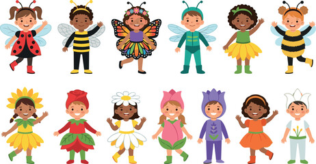 Cute multicultural children wearing garden themed costumes vector set featuring ladybug bee butterfly flowers and spring insects outfits isolated on white © MdMehedi