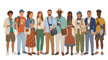 Obraz premium Diverse group of young adults as a vector illustration showcasing a modern and inclusive vision of travel and lifestyle