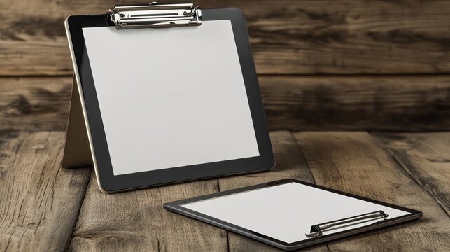 Two blank clipboards with white paper sheets on dark rustic wooden surface table background concept
