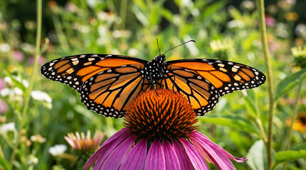 Obraz premium Monarch butterfly resting on purple cone flower in nature for nature education projects . Ai Generated