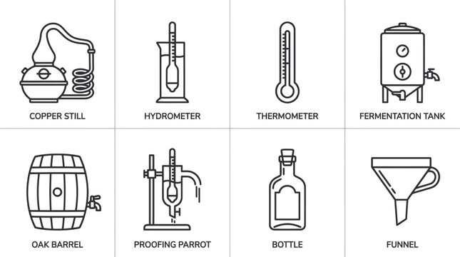 Set of distillery and brewing equipment icons outline vector for alcohol product
