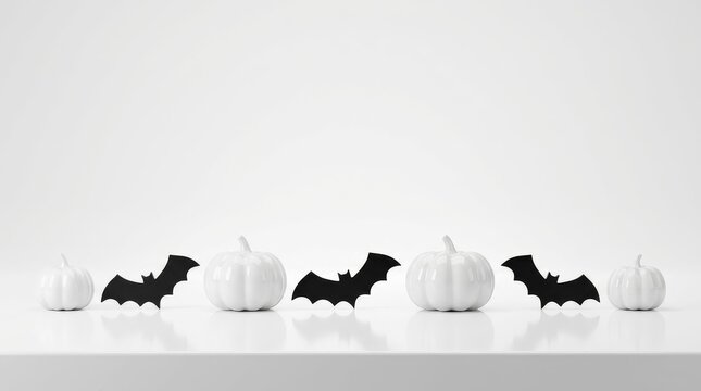 Minimalist White Pumpkins and Bats on Display in a Modern Space