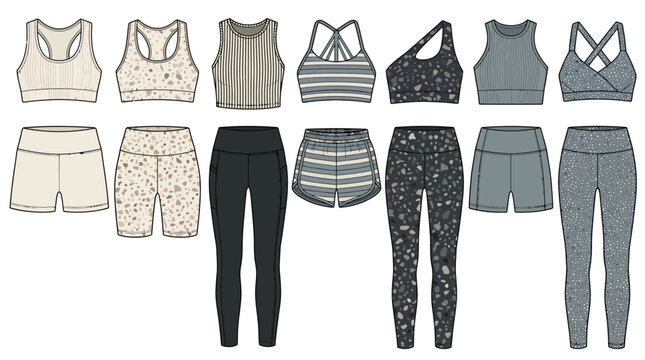 Fashionable activewear collection vector illustration featuring various sportswear for women, including bras and leggings