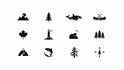 Obraz premium Minimalist black silhouette icons set featuring nature wildlife and adventure symbols on light background