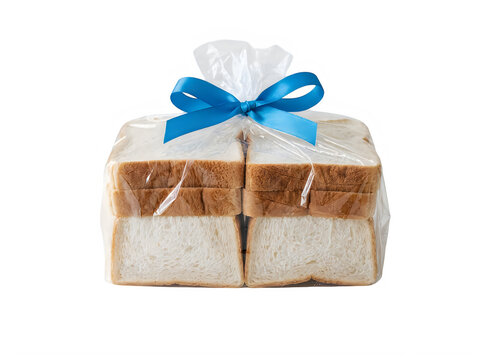 A package of sliced white bread in a clear plastic bag tied with a blue ribbon, isolated on transparent background