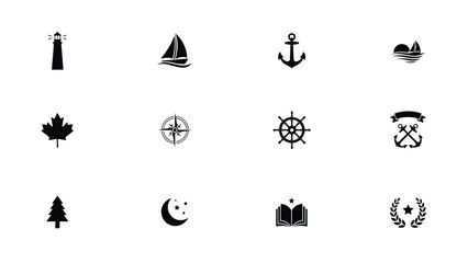 Black and white minimalist icons set with alongside nature motifs such maple leaves trees © Rahul
