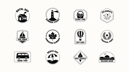 Black and white minimalist travel and summer themed sticker bundle with retro vibe with arranged neatly grid plain background clean showcases collection twelve distinct © Rahul