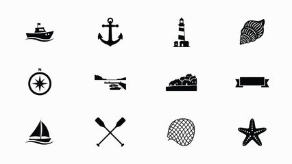 Minimalist black and white nautical themed icon set with high contrast collection nine minimalist icons centered around maritime themes bold black silhouettes © Rahul