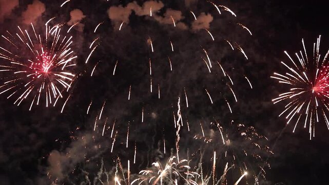 Amazing real beautiful colorful fireworks background on celebration night event for happy new year party or independence day, Abstract Multi color golden firework in the night sky