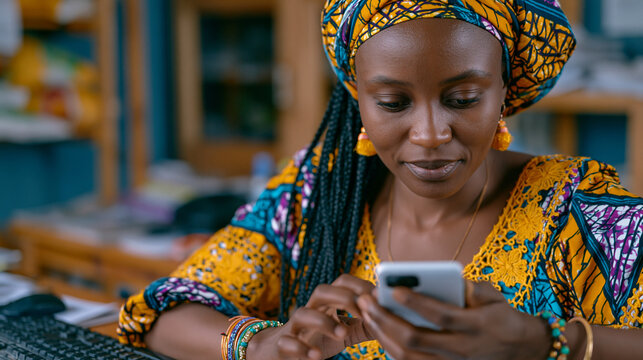 Young female agricultural entrepreneur in a rural microfinance office reviewing a loan approval notification on her phone from an agri-fintech platform that assessed her creditworthiness using satel