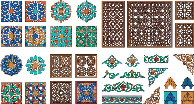 Traditional islamic geometric pattern vector set featuring moroccan tiles arabesque ornaments wooden screen jali panels and oriental decorative borders on white