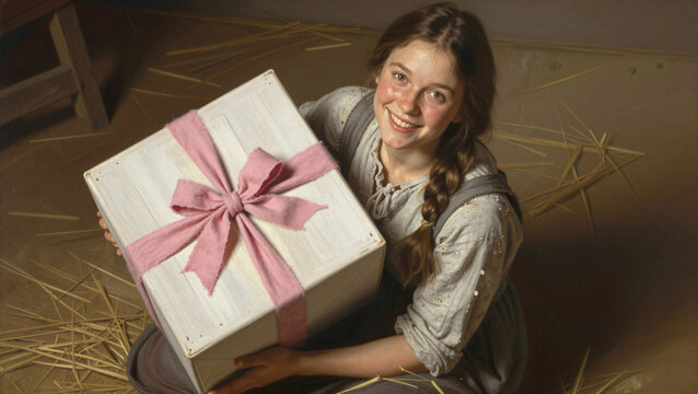 Smiling peasant girl holding a white rustic wooden gift box with pink bow