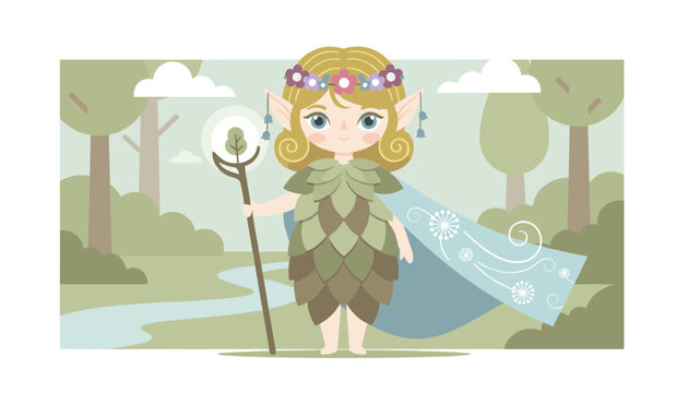 Magical forest fairy with large pointed elf ears and flower crown holding a glowing wooden staff in the woods.