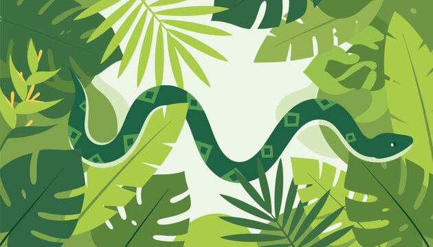Green python snake slithering gracefully through a dense jungle background of vibrant tropical Monstera and palm leaves.