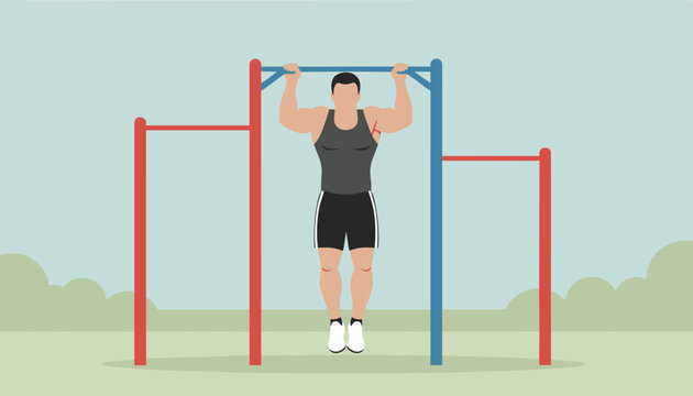 Athletic muscular man performing a chin-up or pull-up exercise on an outdoor horizontal street workout bar.