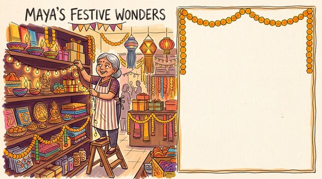 Cheerful senior woman decorating festive gift shop shelves with lanterns and marigold garlands, cartoon banner with blank framed copy space for holiday text.