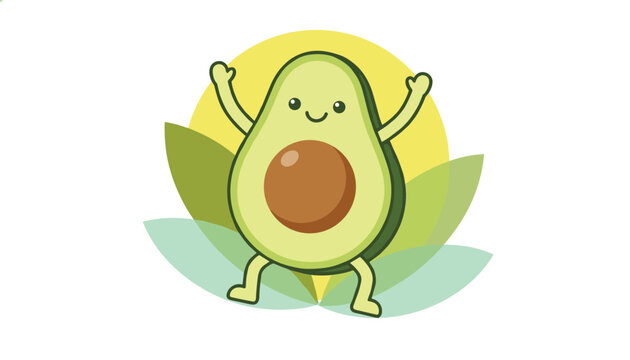 Cute happy cartoon avocado dancing with open arms and a cheerful smile against a bright yellow sun background.