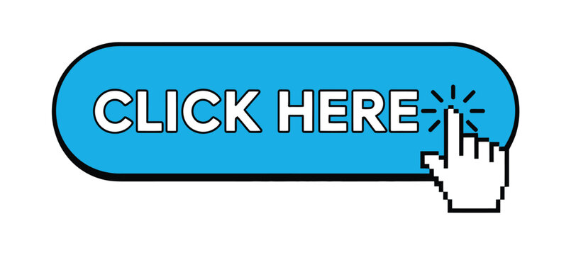 Blue click here button with hand cursor icon for website navigation, call to action, user interface and web design vector illustration.
