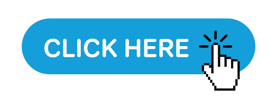 Click here vector button featuring blue hand cursor icon for website navigation, digital marketing, user interface and mobile application design.
