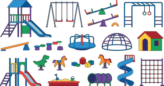 Colorful playground equipment vector icon set featuring slides swings seesaw monkey bars carousel playhouse sandbox and outdoor park recreation structures isolated on white