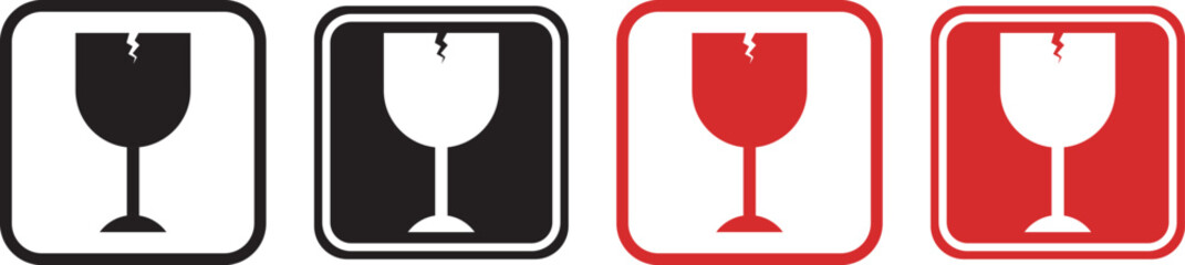 Fragile glass sign icon set with broken wine glass and package handling symbols in solid and colored styles. featuring wine glass illustrations, broken glass indicators, handle with care hands, and th © MDParveg