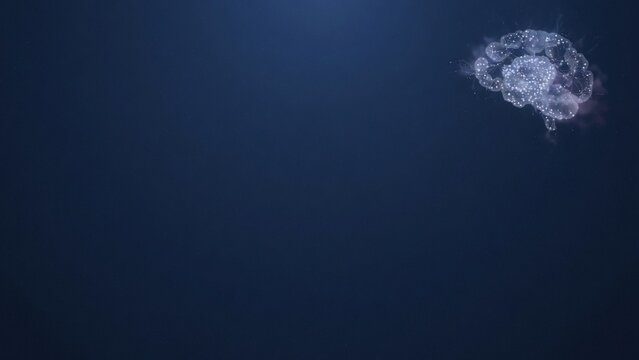 Dark blue tech banner with soft neural brain cloud upper right large empty copy space