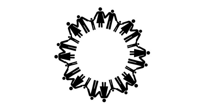 Rotating slowly on a white background, a group of stylized family icons form a connected circular ring.