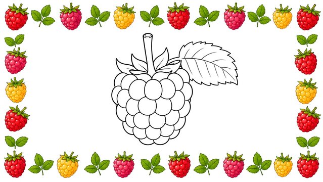Cute raspberry coloring page with a large black and white raspberry in the center, surrounded by a colorful seamless border of red, pink, and golden raspberries with green leaves.