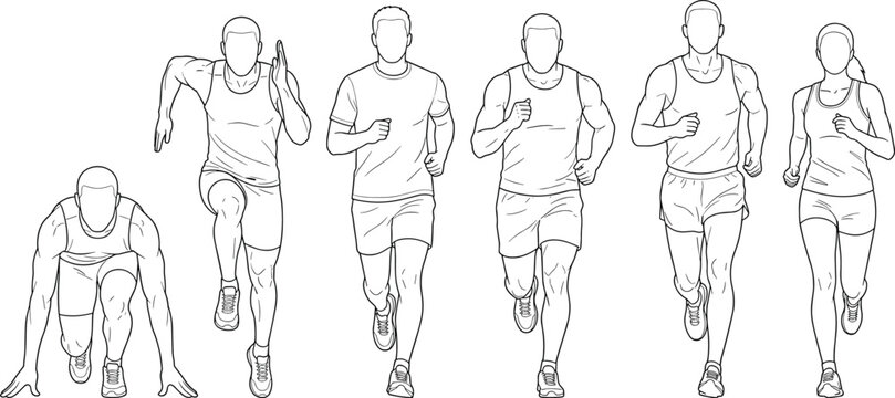 Line art vector illustration of runners and athletes sprinting jogging and at starting blocks isolated on white background