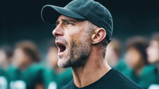 Football coach yelling instructions on the sidelines during a game
