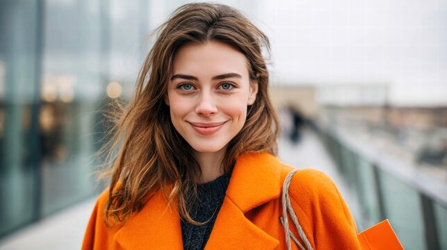Smiling woman in an orange coat looking at the camera