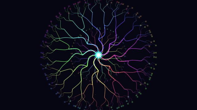 A vibrant and intricate visualization of neural connections showcasing the complexity of the human brain's wiring through colorful, branching structures designed to inspire curiosity